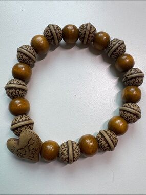 Wood Bead Stretch Bracelet with Heart Accent - Brown